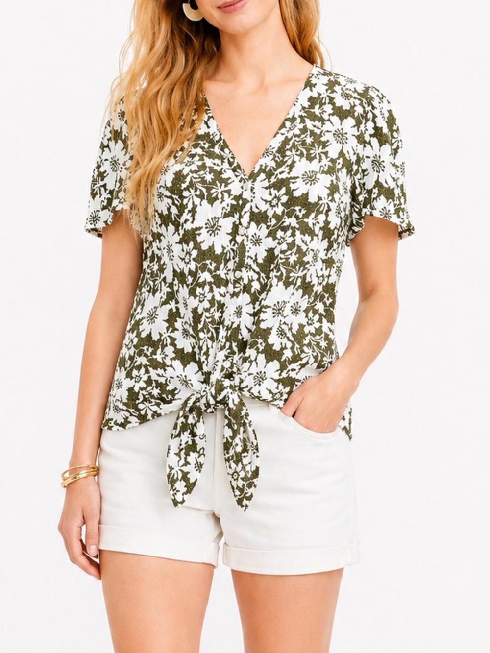 LOFT Women’s Floral Textured Button Tie Front Top-Olive color- Size Medium